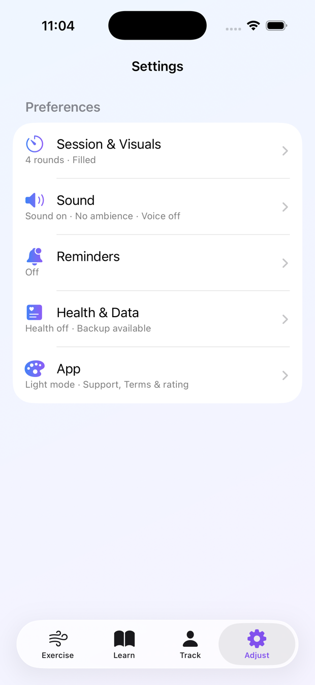 Adjust tab with session, sound, reminders, and Health settings