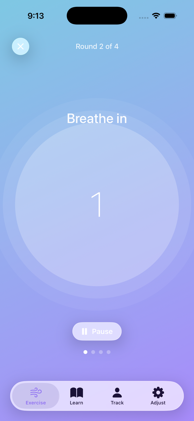 Live breathing session with animated pacing circle and phase label