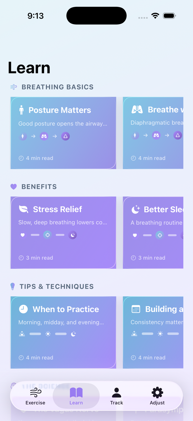 Learn tab with articles on breathing basics, benefits, and techniques