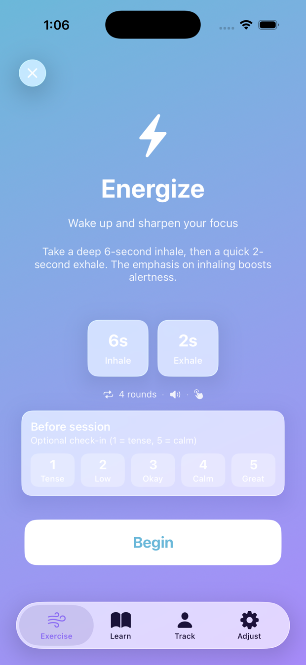 Energize session ready screen with inhale and exhale timing