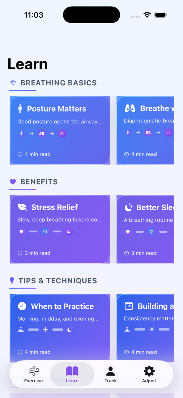 Learn tab with articles on breathing basics, benefits, and techniques