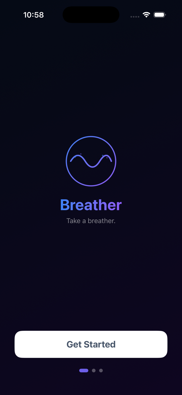 Breather onboarding screen with Get Started button