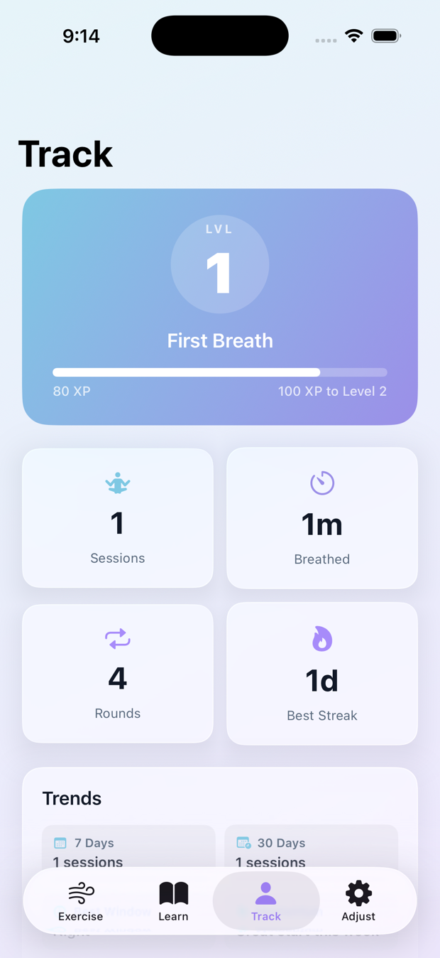 Progress tab showing level, XP bar, badges, and session stats