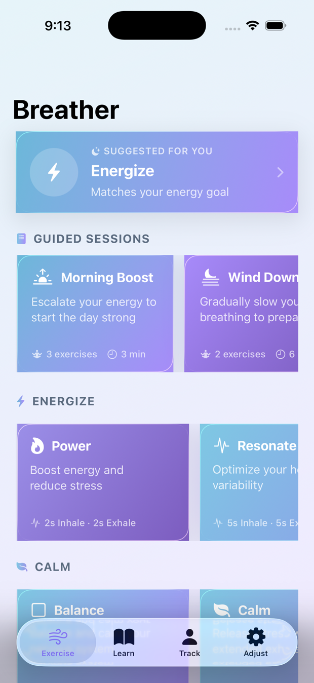 Exercise home screen with suggested sessions, guided plans, and breathing categories