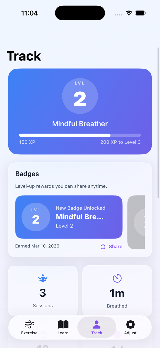 Breather progress tracking with levels and badges